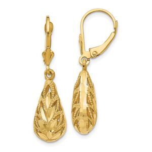Teardrop Foliage Dangle Lever Back Earrings in 14k Yellow Gold